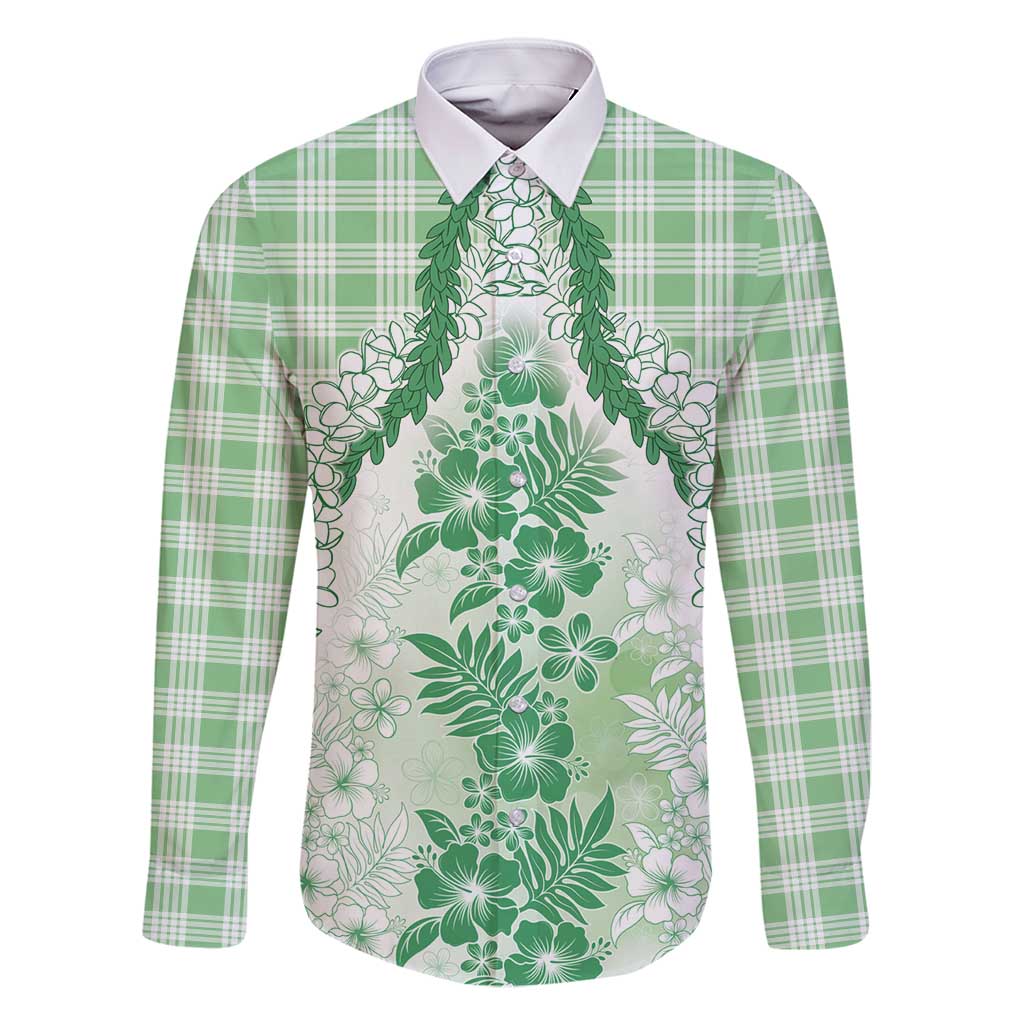 Aloha Hawaii Palaka Family Matching Off Shoulder Short Dress and Hawaiian Shirt Green Plumeria Lei - Polynesian Pride