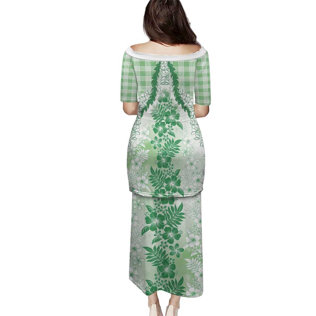 Aloha Hawaii Palaka Family Matching Puletasi and Hawaiian Shirt Green Plumeria Lei - Polynesian Pride