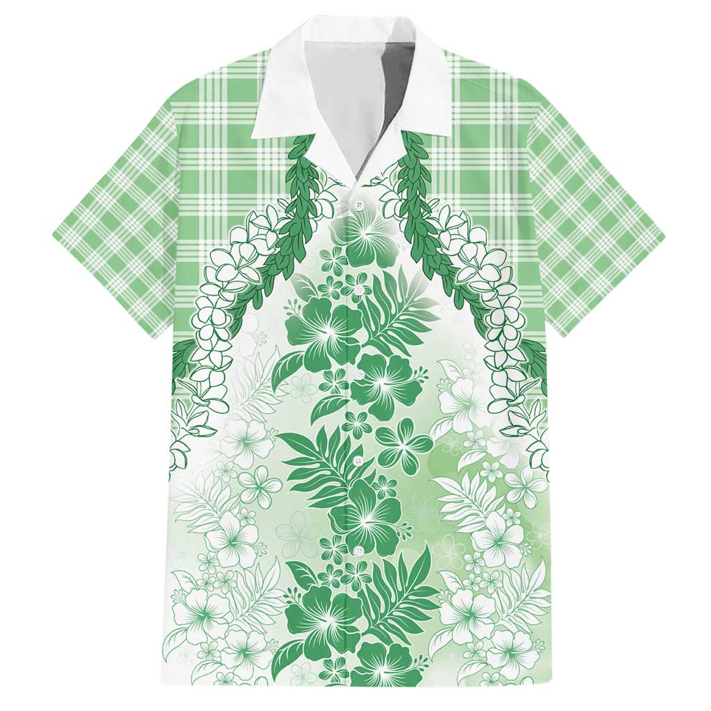 Aloha Hawaii Palaka Family Matching Short Sleeve Bodycon Dress and Hawaiian Shirt Green Plumeria Lei - Polynesian Pride