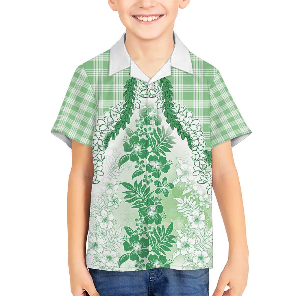 Aloha Hawaii Palaka Family Matching Short Sleeve Bodycon Dress and Hawaiian Shirt Green Plumeria Lei - Polynesian Pride