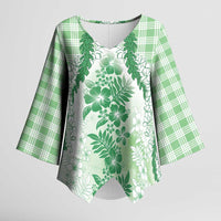 Aloha Hawaii Palaka Kimono Sleeve Blouse Green Plumeria Lei - Polynesian Pride
