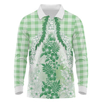 Aloha Hawaii Palaka Long Sleeve Polo Shirt Green Plumeria Lei - Polynesian Pride
