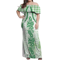 Aloha Hawaii Palaka Off Shoulder Maxi Dress Green Plumeria Lei - Polynesian Pride