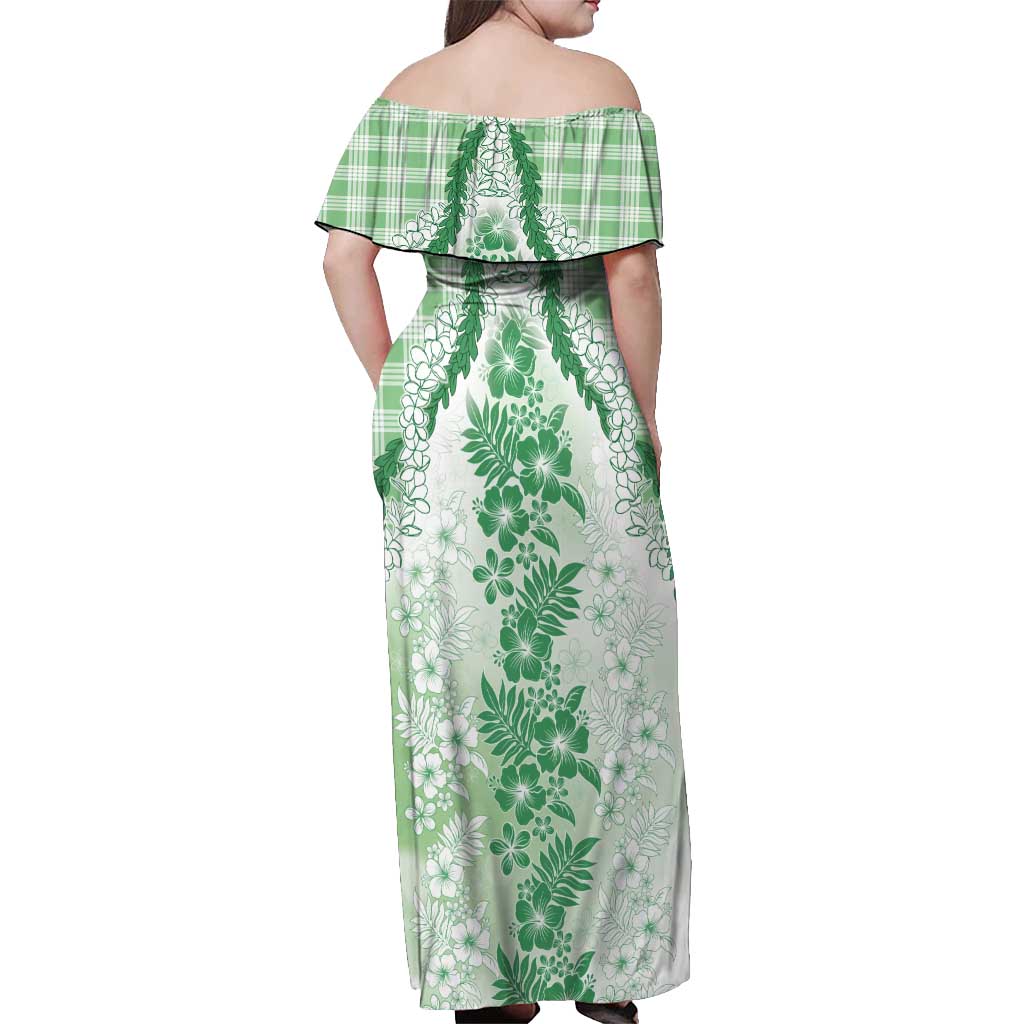 Aloha Hawaii Palaka Off Shoulder Maxi Dress Green Plumeria Lei - Polynesian Pride