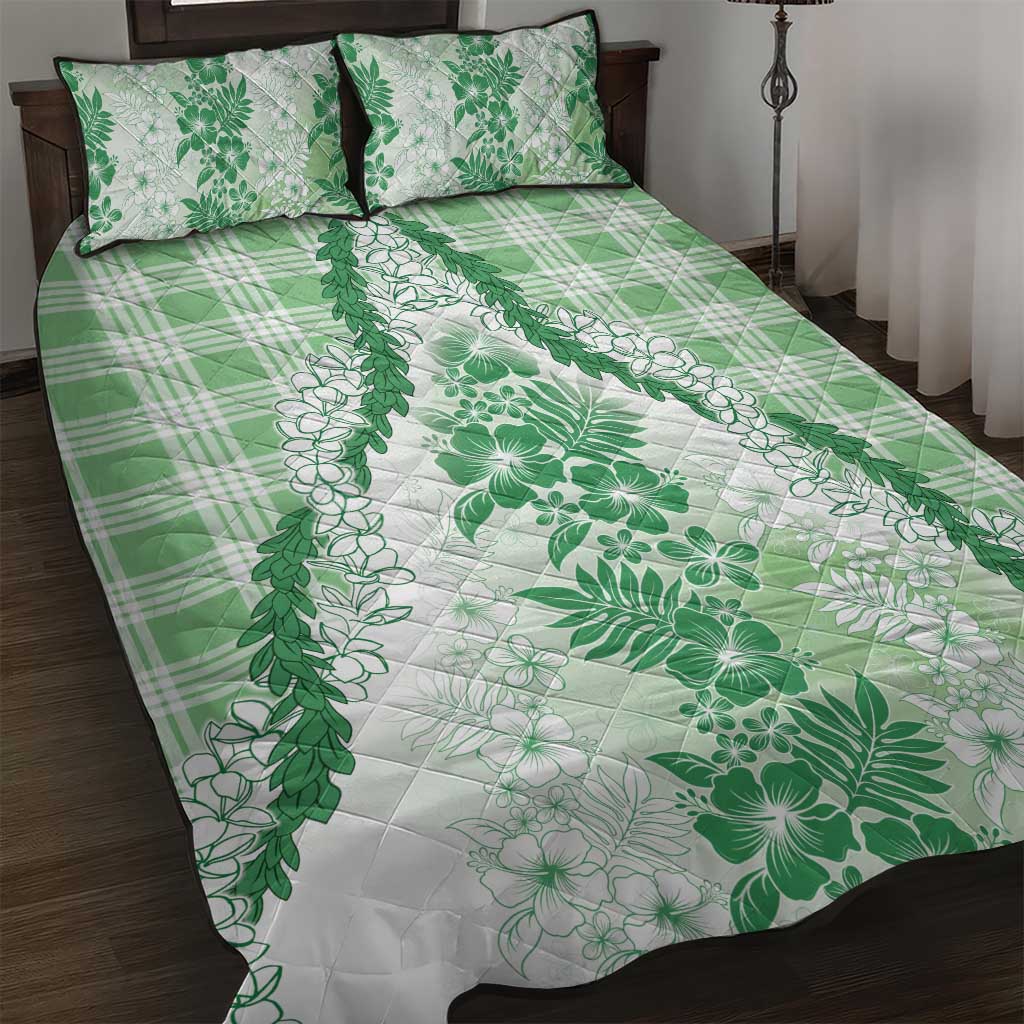 Aloha Hawaii Palaka Quilt Bed Set Green Plumeria Lei - Polynesian Pride