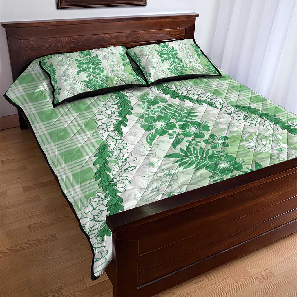 Aloha Hawaii Palaka Quilt Bed Set Green Plumeria Lei - Polynesian Pride