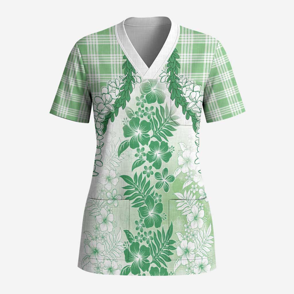 Aloha Hawaii Palaka Scrub Top Green Plumeria Lei - Polynesian Pride