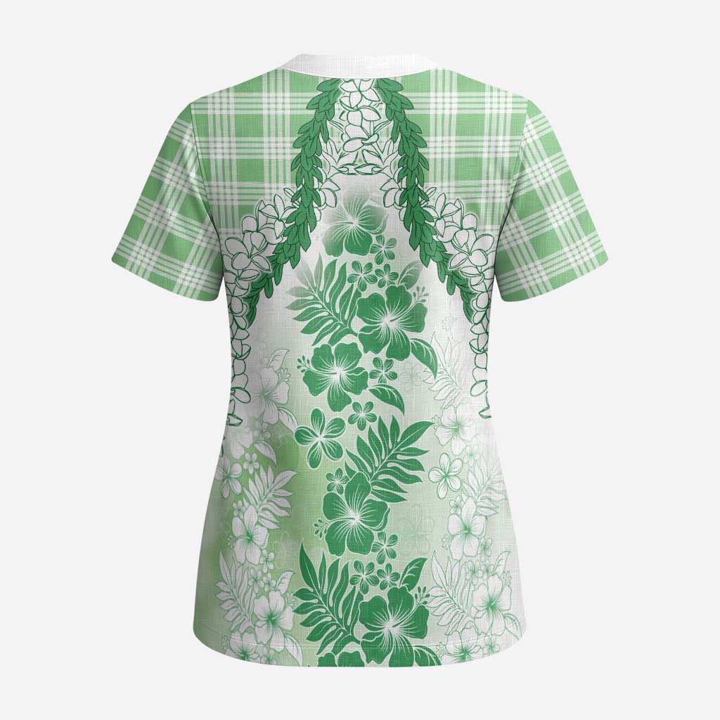 Aloha Hawaii Palaka Scrub Top Green Plumeria Lei - Polynesian Pride