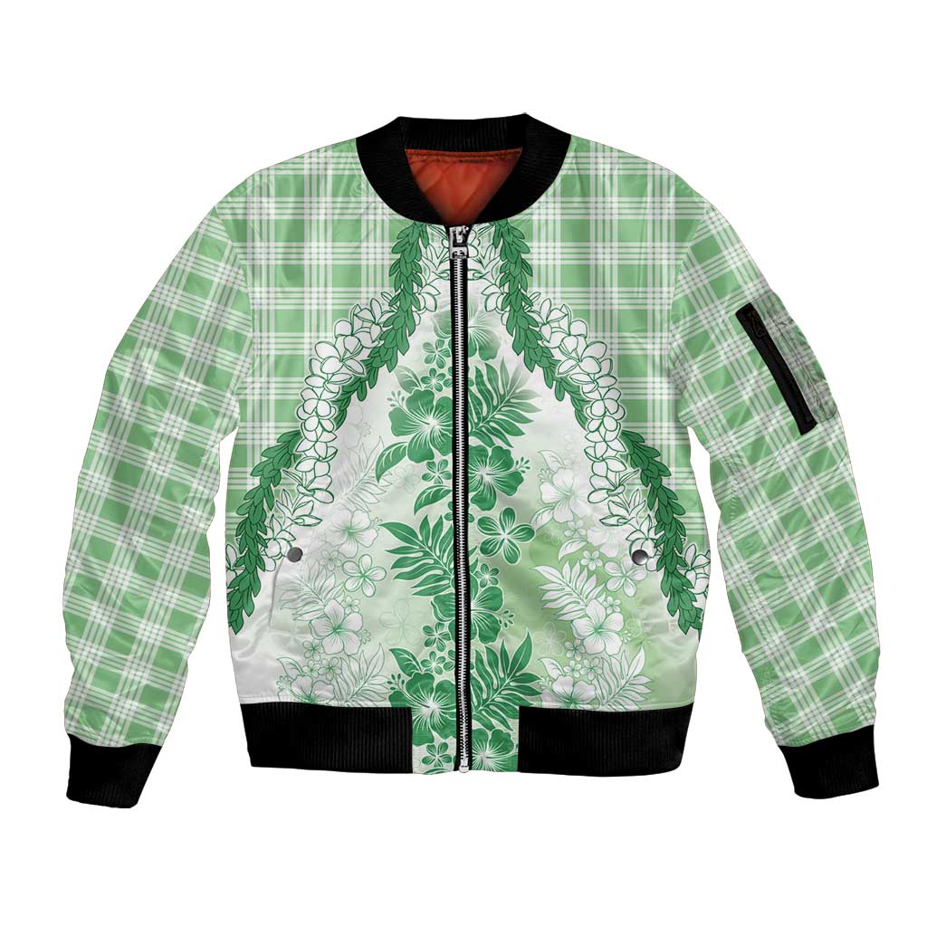 Aloha Hawaii Palaka Sleeve Zip Bomber Jacket Green Plumeria Lei - Polynesian Pride