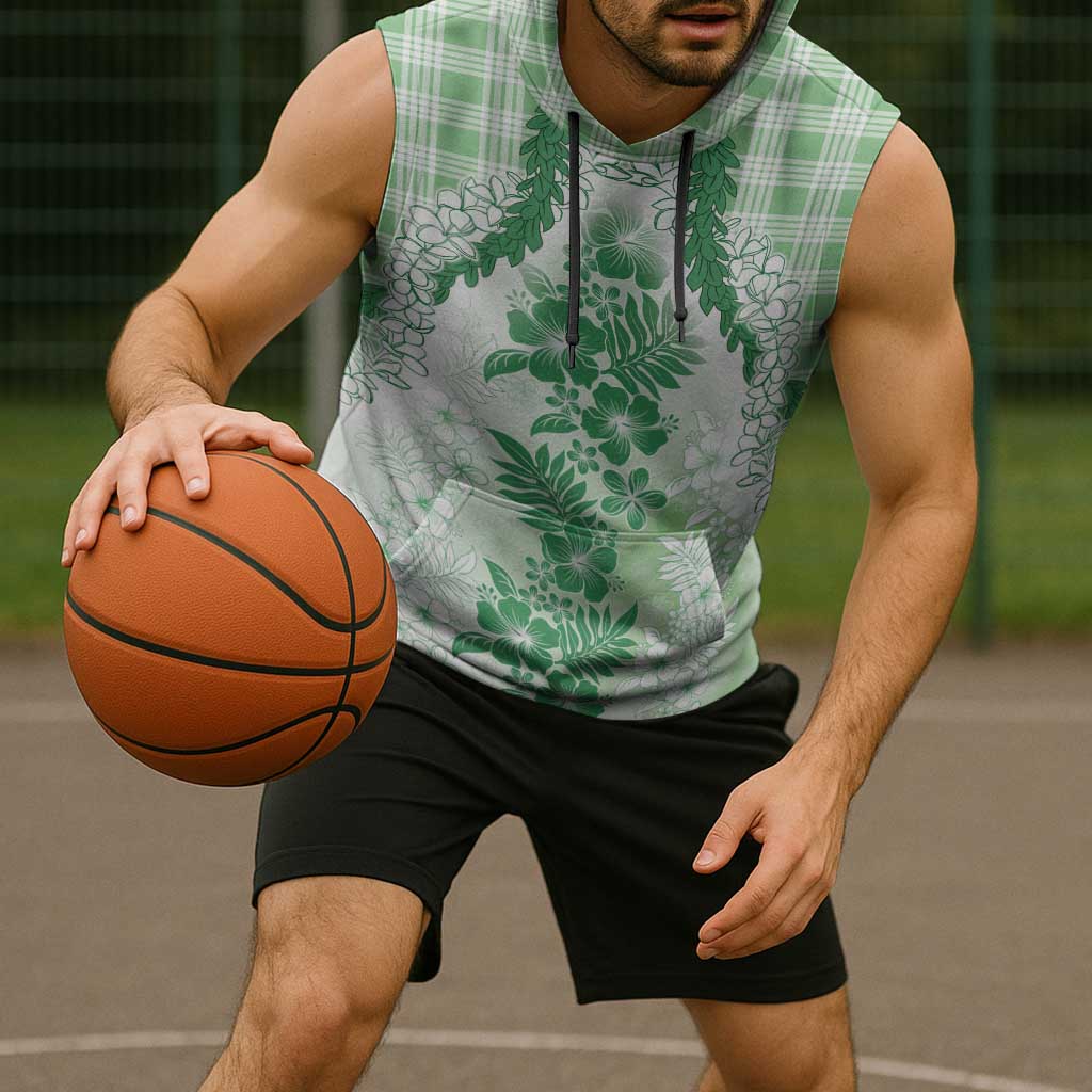 Aloha Hawaii Palaka Sleeveless Hoodie Green Plumeria Lei - Polynesian Pride