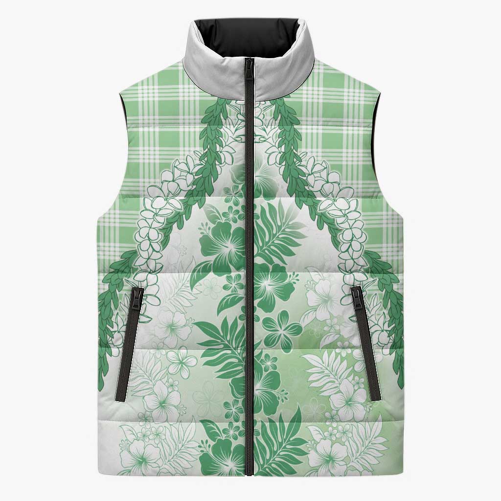 Aloha Hawaii Palaka Sleeveless Puffer Jacket Green Plumeria Lei - Polynesian Pride