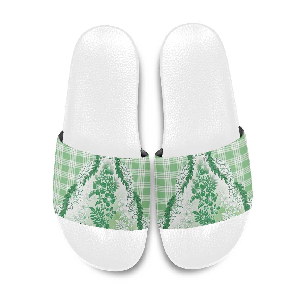 Aloha Hawaii Palaka Slide Sandals Green Plumeria Lei - Polynesian Pride