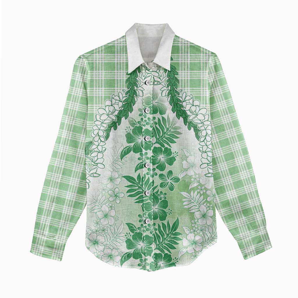 Aloha Hawaii Palaka Women Casual Shirt Green Plumeria Lei - Polynesian Pride