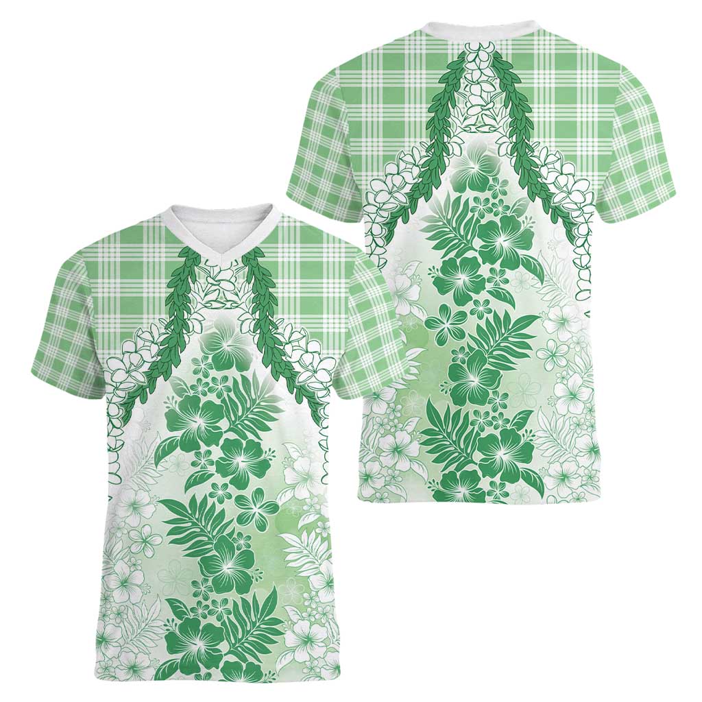 Aloha Hawaii Palaka Women V-Neck T-Shirt Green Plumeria Lei - Polynesian Pride