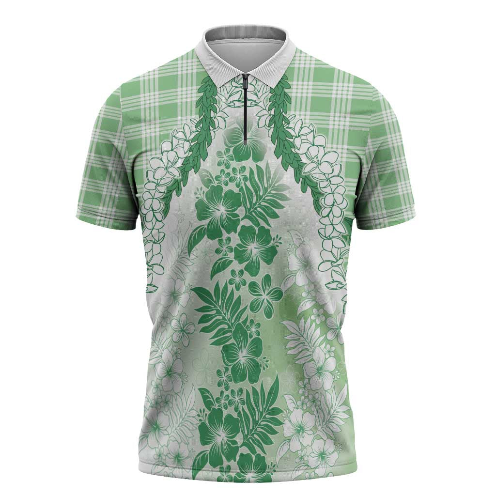 Aloha Hawaii Palaka Zipper Polo Shirt Green Plumeria Lei - Polynesian Pride