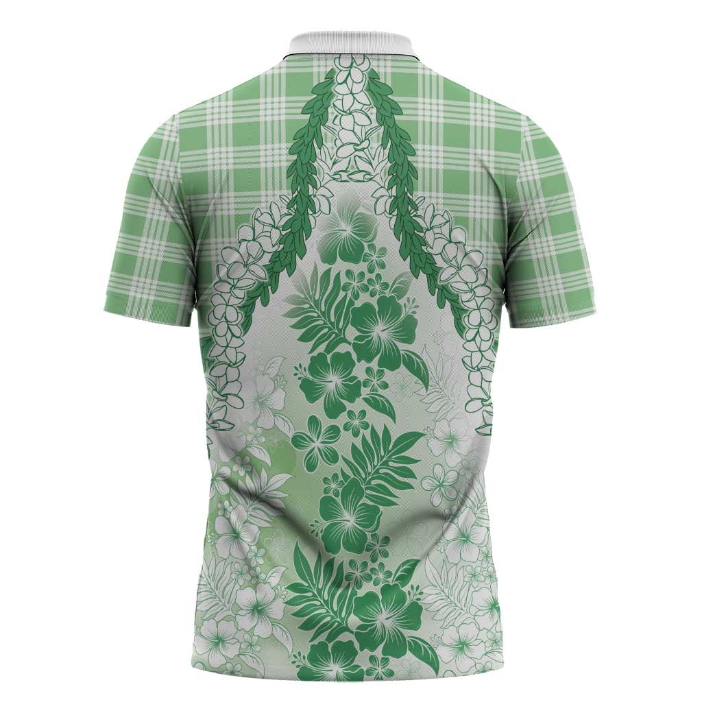 Aloha Hawaii Palaka Zipper Polo Shirt Green Plumeria Lei - Polynesian Pride