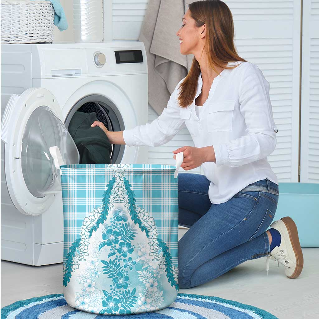 Aloha Hawaii Palaka Laundry Basket Blue Plumeria Lei - Polynesian Pride