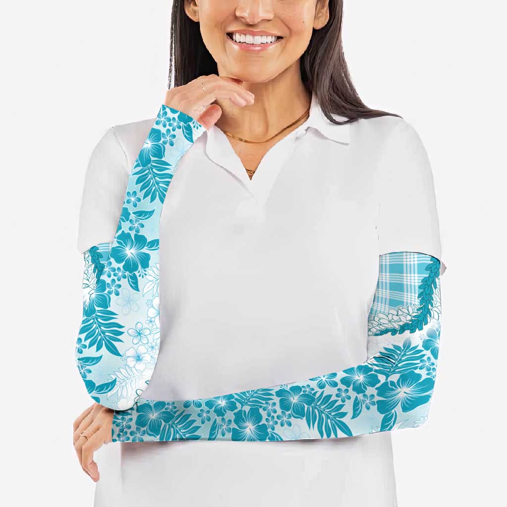 Aloha Hawaii Palaka Arm Sleeves Blue Plumeria Lei - Polynesian Pride