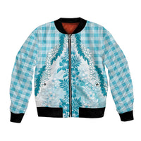 Aloha Hawaii Palaka Bomber Jacket Blue Plumeria Lei - Polynesian Pride