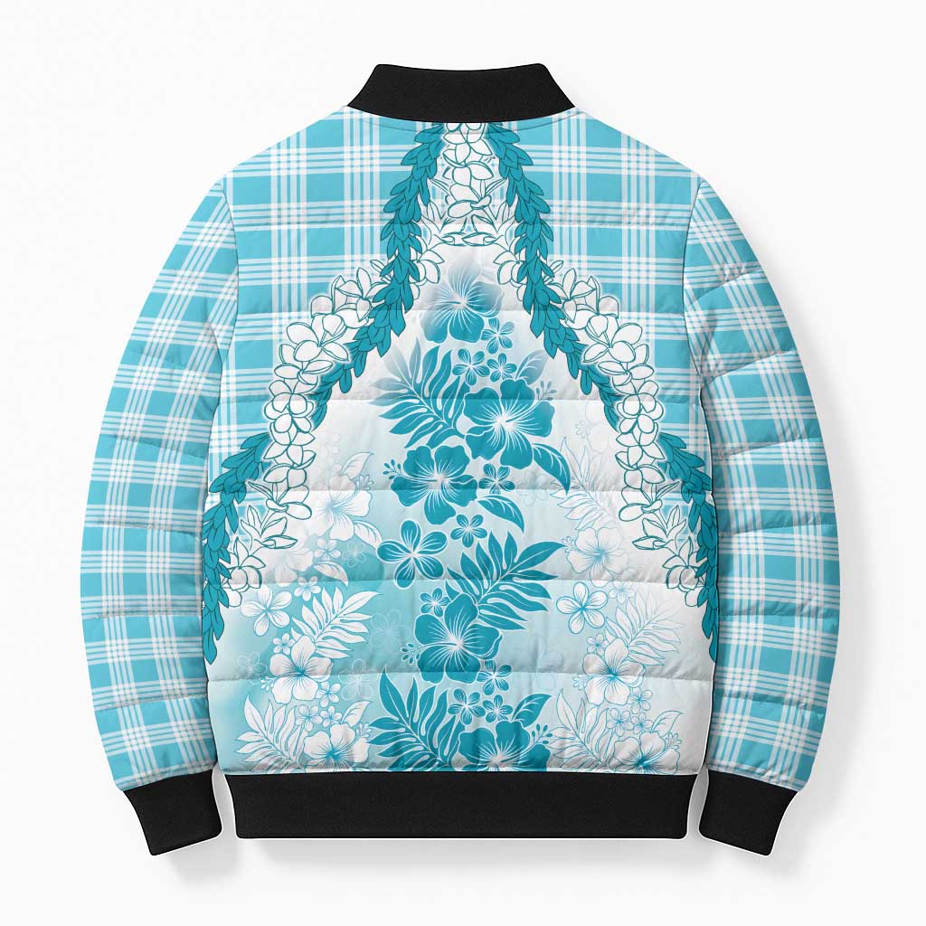 Aloha Hawaii Palaka Bomber Puffer Jacket Blue Plumeria Lei - Polynesian Pride
