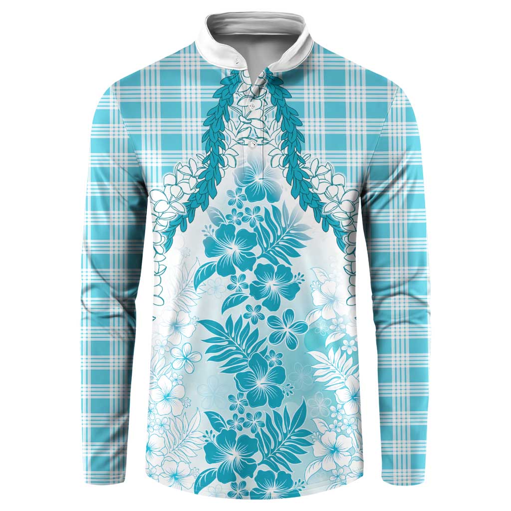 Aloha Hawaii Palaka Button Sweatshirt Blue Plumeria Lei - Polynesian Pride