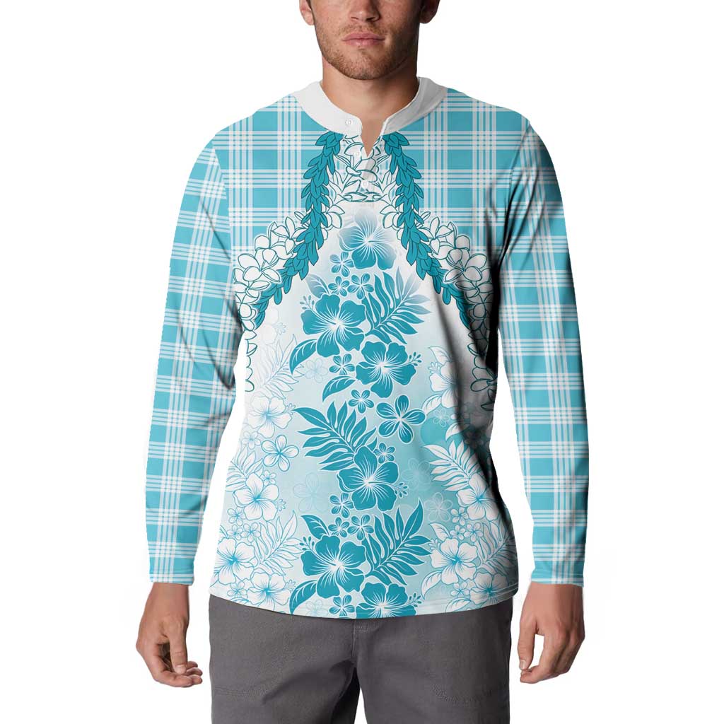 Aloha Hawaii Palaka Button Sweatshirt Blue Plumeria Lei - Polynesian Pride
