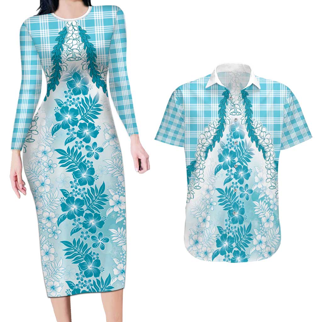 Aloha Hawaii Palaka Couples Matching Long Sleeve Bodycon Dress and Hawaiian Shirt Blue Plumeria Lei - Polynesian Pride
