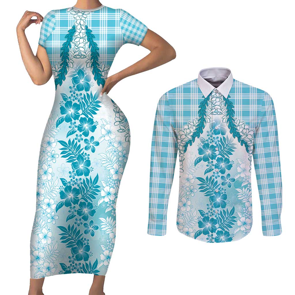 Aloha Hawaii Palaka Couples Matching Short Sleeve Bodycon Dress and Long Sleeve Button Shirt Blue Plumeria Lei - Polynesian Pride