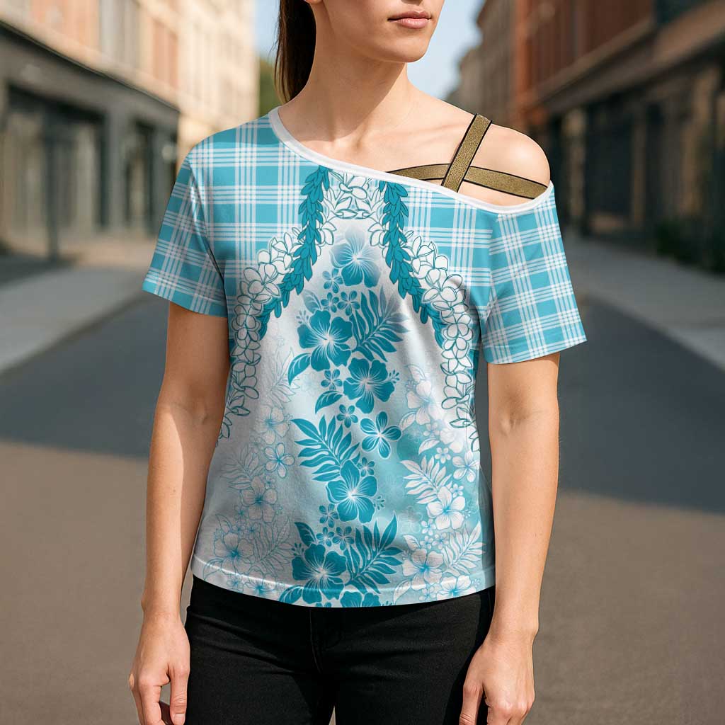 Aloha Hawaii Palaka Cross Shoulder Shirt Blue Plumeria Lei - Polynesian Pride