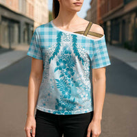 Aloha Hawaii Palaka Cross Shoulder Shirt Blue Plumeria Lei - Polynesian Pride