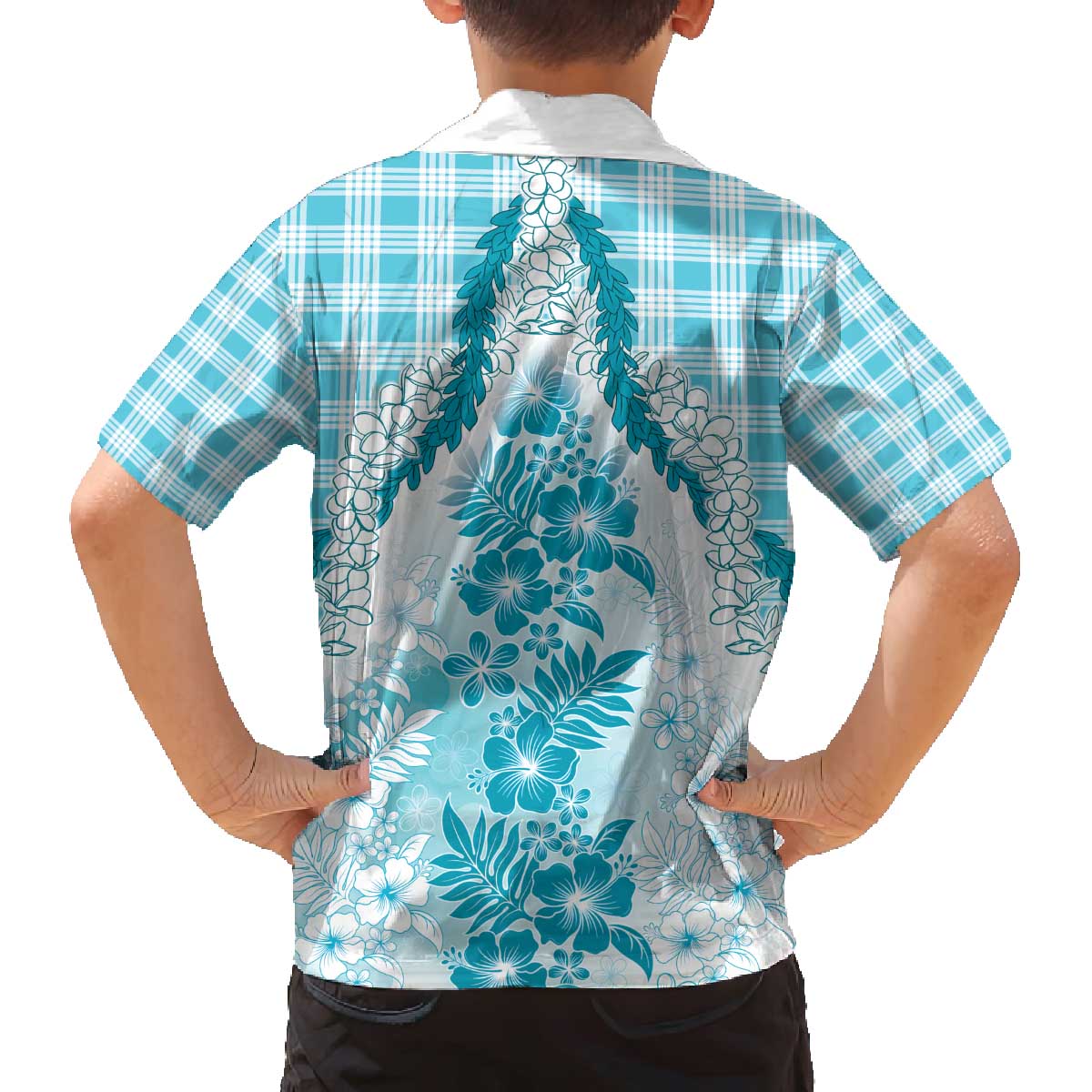 Aloha Hawaii Palaka Family Matching Off The Shoulder Long Sleeve Dress and Hawaiian Shirt Blue Plumeria Lei - Polynesian Pride