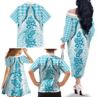 Aloha Hawaii Palaka Family Matching Off The Shoulder Long Sleeve Dress and Hawaiian Shirt Blue Plumeria Lei - Polynesian Pride