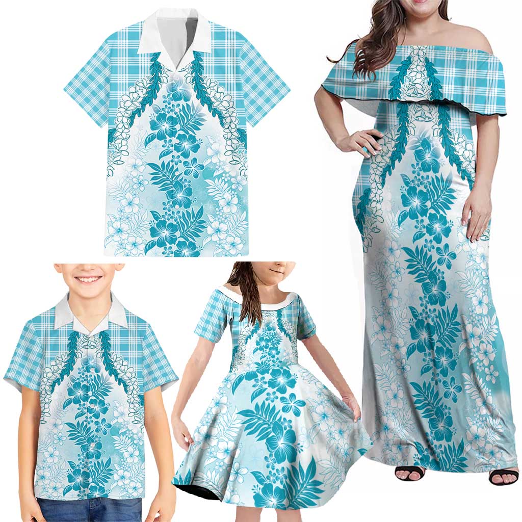 Aloha Hawaii Palaka Family Matching Off Shoulder Maxi Dress and Hawaiian Shirt Blue Plumeria Lei - Polynesian Pride