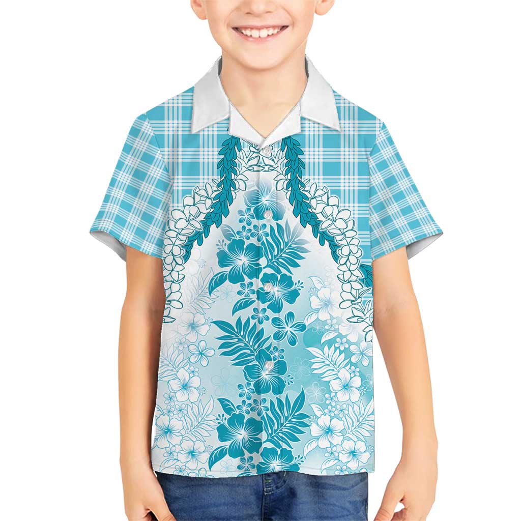 Aloha Hawaii Palaka Family Matching Off Shoulder Maxi Dress and Hawaiian Shirt Blue Plumeria Lei - Polynesian Pride