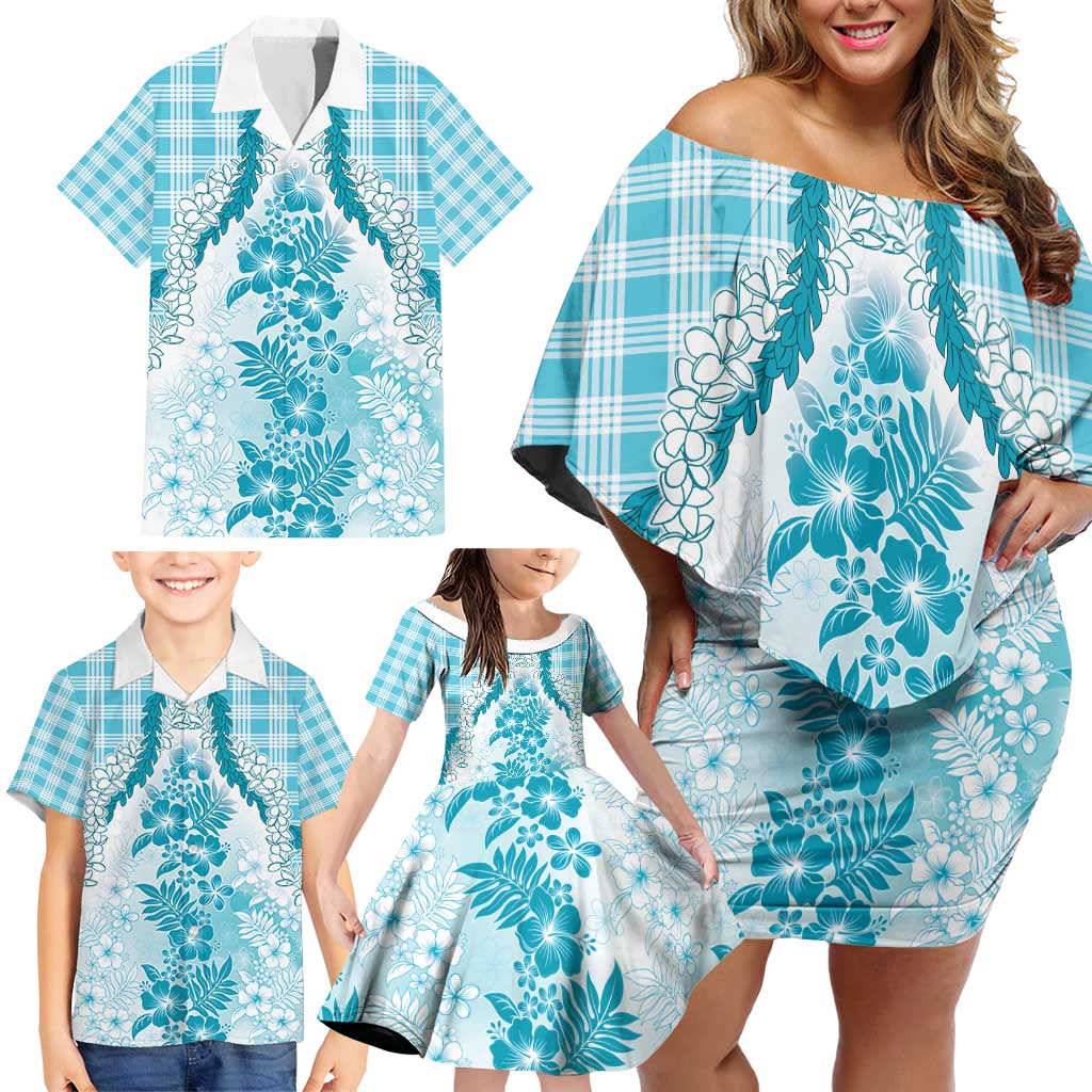 Aloha Hawaii Palaka Family Matching Off Shoulder Short Dress and Hawaiian Shirt Blue Plumeria Lei - Polynesian Pride
