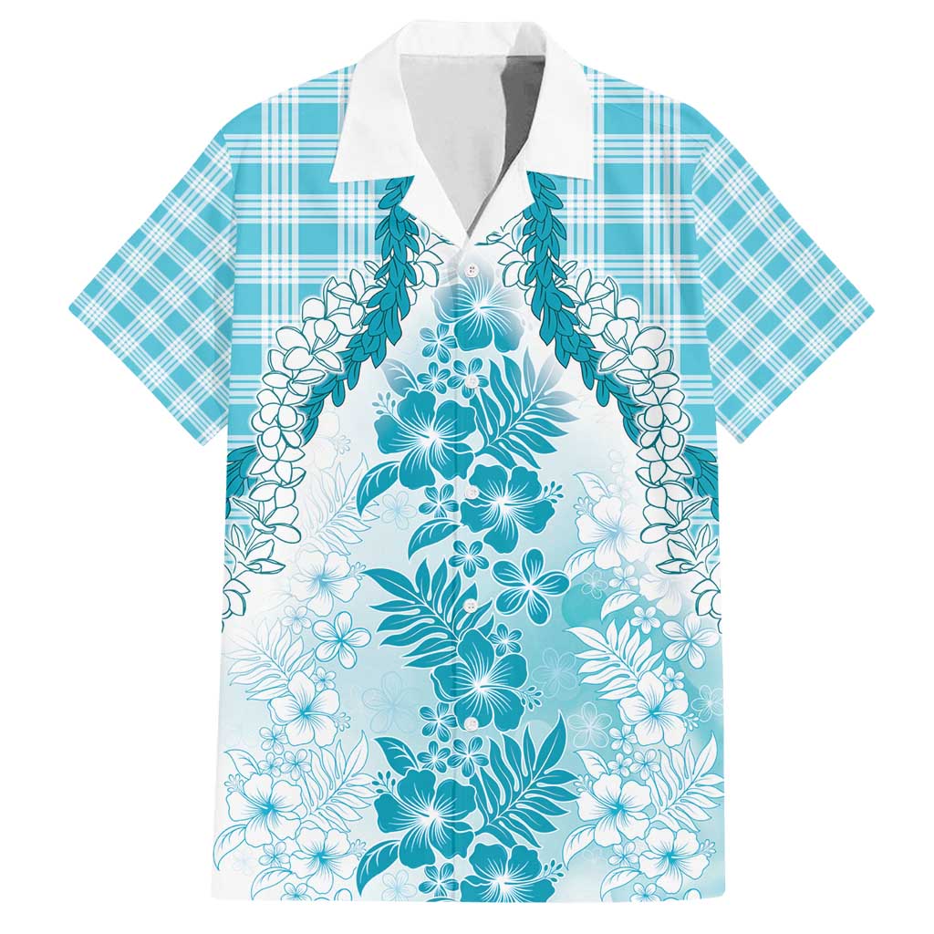 Aloha Hawaii Palaka Family Matching Off Shoulder Short Dress and Hawaiian Shirt Blue Plumeria Lei - Polynesian Pride
