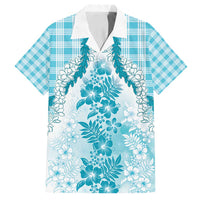 Aloha Hawaii Palaka Family Matching Off Shoulder Short Dress and Hawaiian Shirt Blue Plumeria Lei - Polynesian Pride