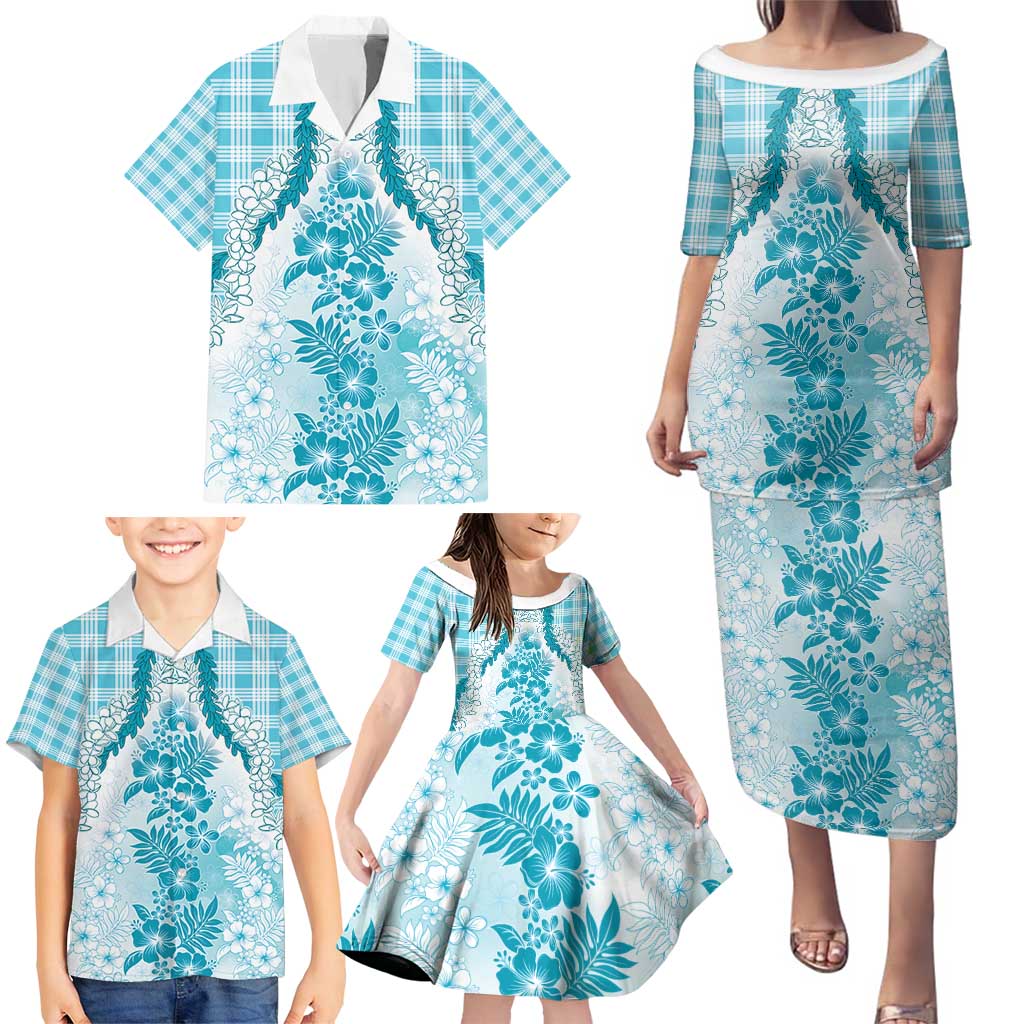 Aloha Hawaii Palaka Family Matching Puletasi and Hawaiian Shirt Blue Plumeria Lei - Polynesian Pride