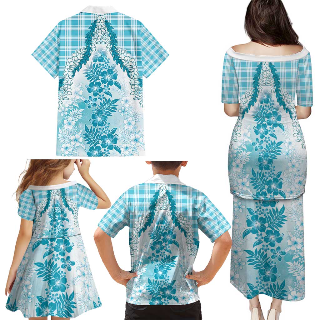 Aloha Hawaii Palaka Family Matching Puletasi and Hawaiian Shirt Blue Plumeria Lei - Polynesian Pride