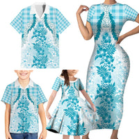 Aloha Hawaii Palaka Family Matching Short Sleeve Bodycon Dress and Hawaiian Shirt Blue Plumeria Lei - Polynesian Pride
