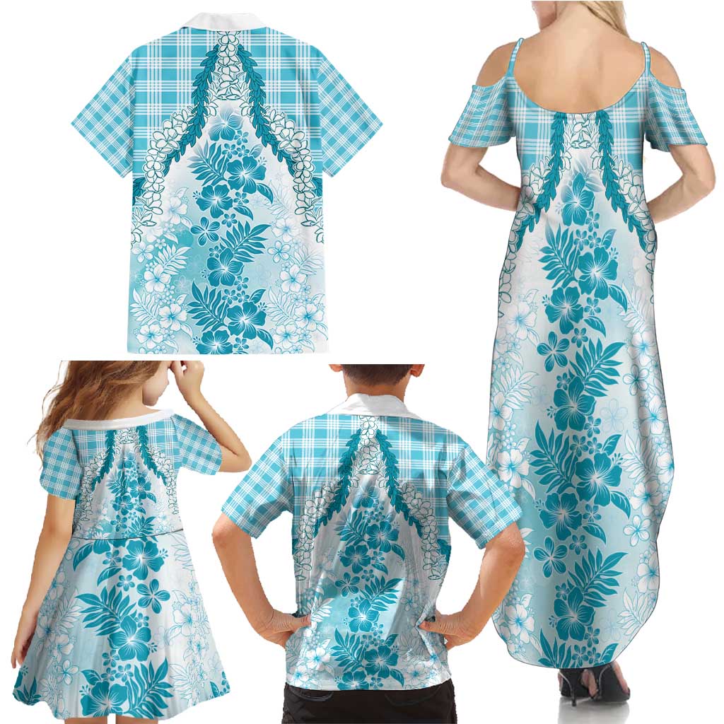 Aloha Hawaii Palaka Family Matching Summer Maxi Dress and Hawaiian Shirt Blue Plumeria Lei - Polynesian Pride