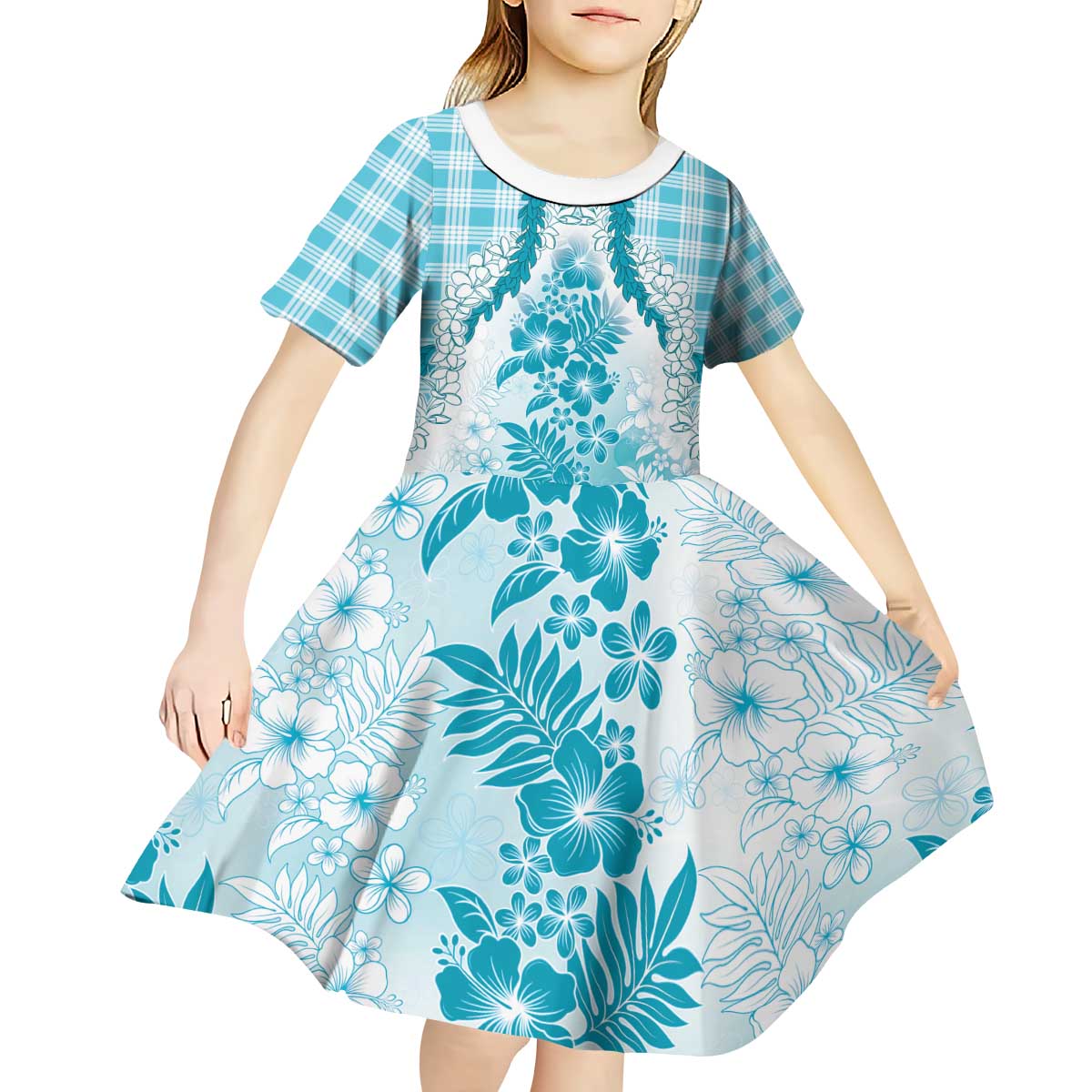Aloha Hawaii Palaka Kid Short Sleeve Dress Blue Plumeria Lei - Polynesian Pride