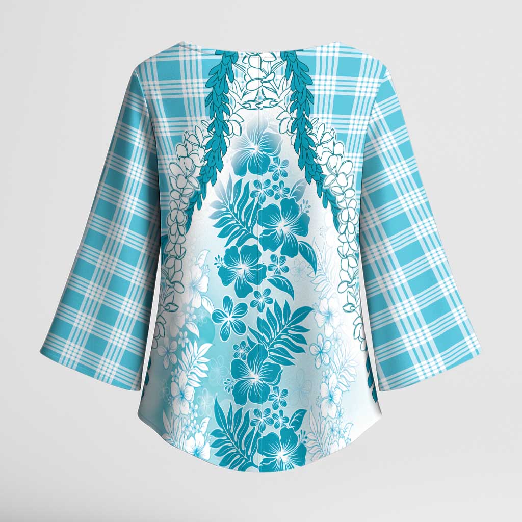 Aloha Hawaii Palaka Kimono Sleeve Blouse Blue Plumeria Lei - Polynesian Pride