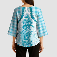 Aloha Hawaii Palaka Kimono Sleeve Blouse Blue Plumeria Lei - Polynesian Pride
