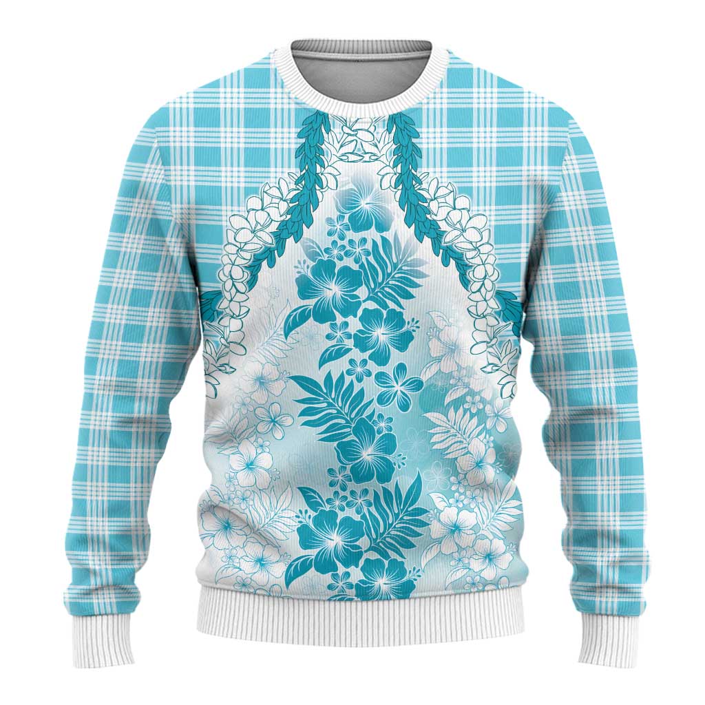 Aloha Hawaii Palaka Ugly Christmas Sweater Blue Plumeria Lei - Polynesian Pride