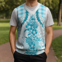 Aloha Hawaii Palaka Christmas Knitted V-Neck Vest Blue Plumeria Lei - Polynesian Pride
