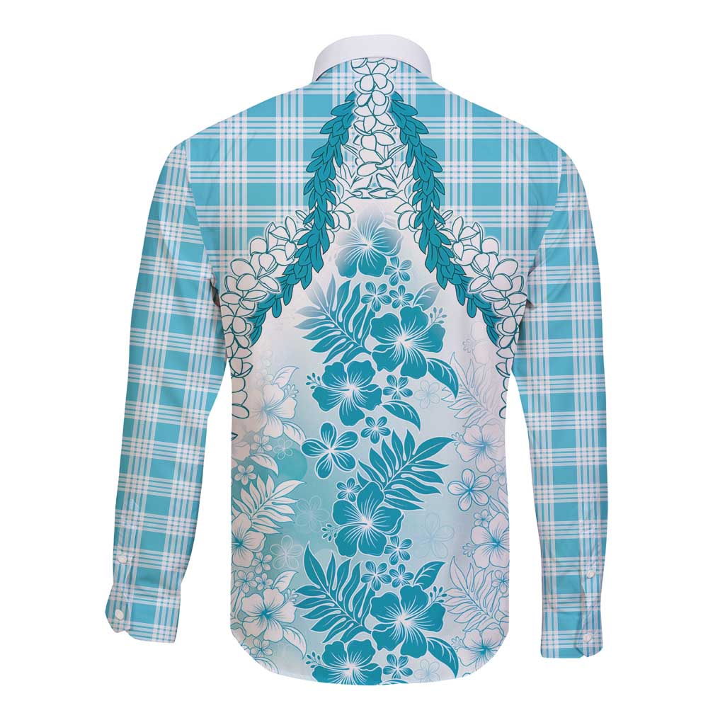 Aloha Hawaii Palaka Long Sleeve Button Shirt Blue Plumeria Lei - Polynesian Pride