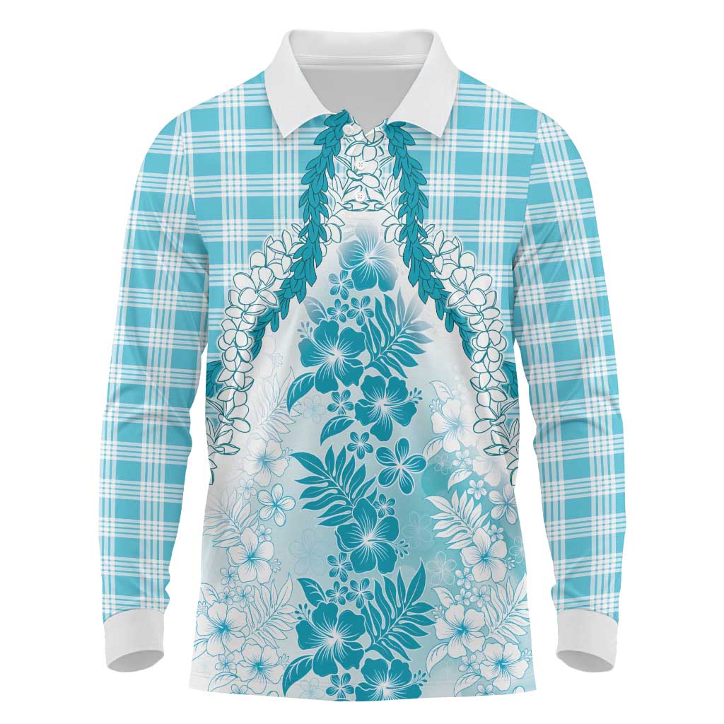 Aloha Hawaii Palaka Long Sleeve Polo Shirt Blue Plumeria Lei - Polynesian Pride