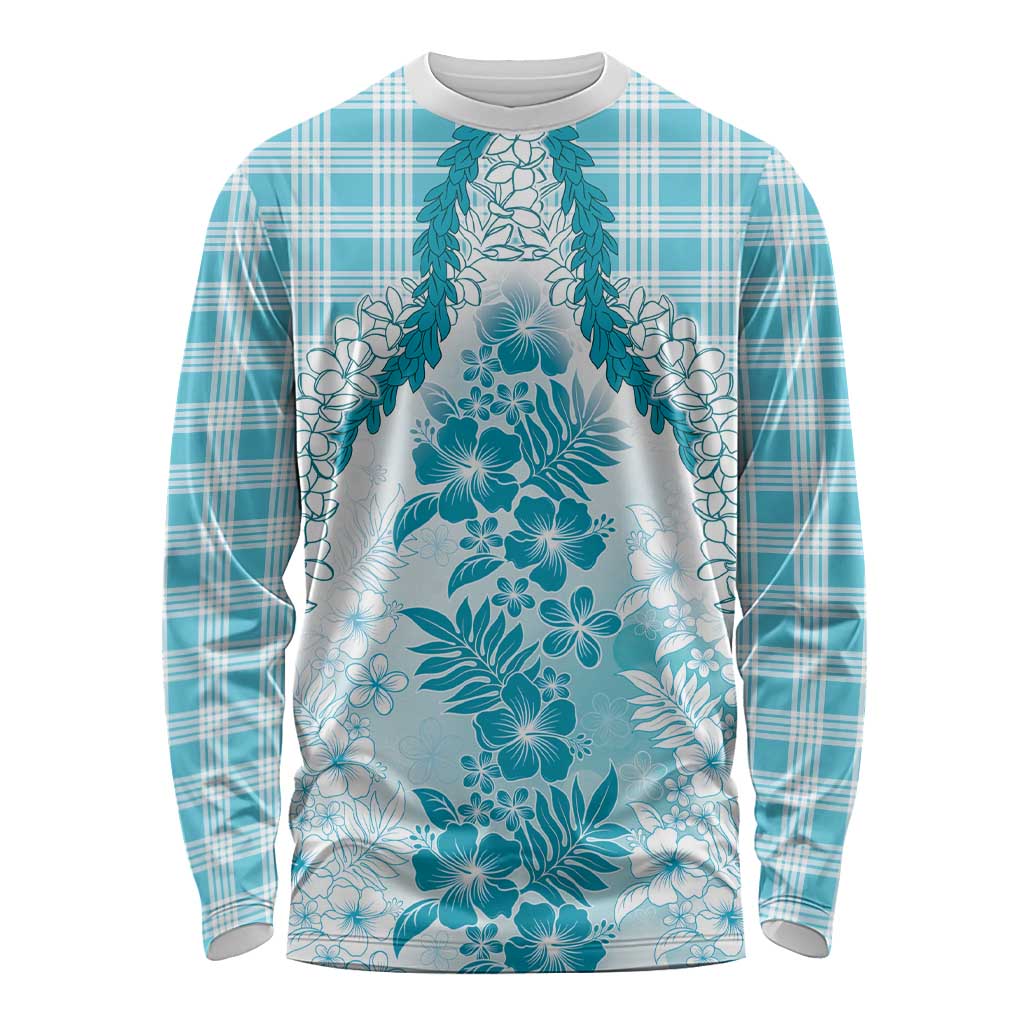 Aloha Hawaii Palaka Long Sleeve Shirt Blue Plumeria Lei - Polynesian Pride