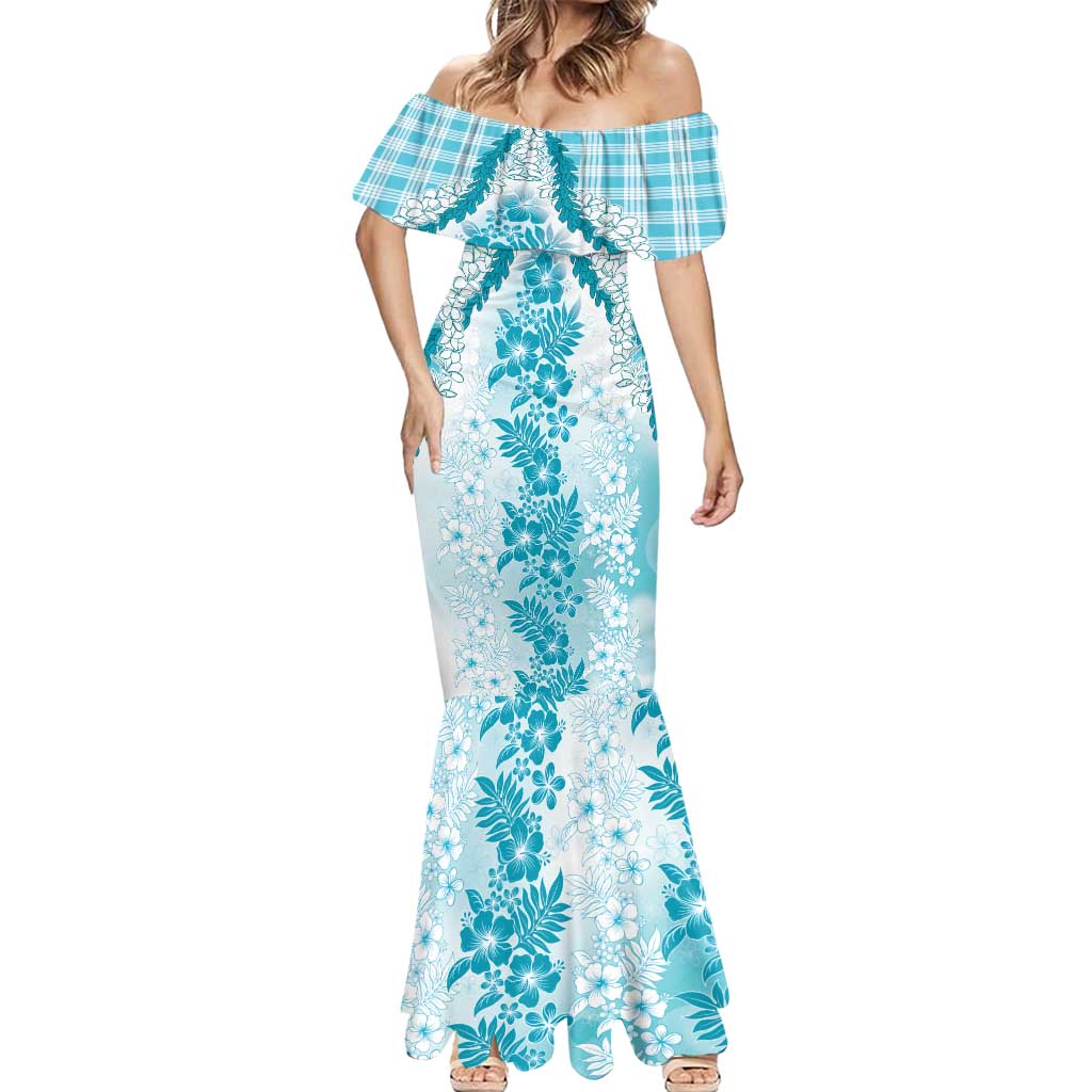 Aloha Hawaii Palaka Mermaid Dress Blue Plumeria Lei - Polynesian Pride